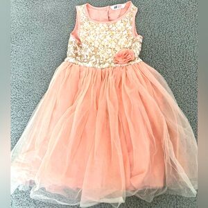 H&M Pink Gold Floral Embroidered Sequin Sparkle Kids Poofy Dress Size 6-7Y
